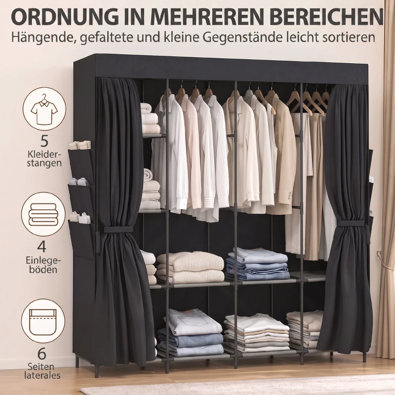HOMCOM Dulap Textil Compact cu 5 Bare, 4 Rafturi, 6 Buzunare Laterale, Uși Antipraf cu Fermoar, Negru