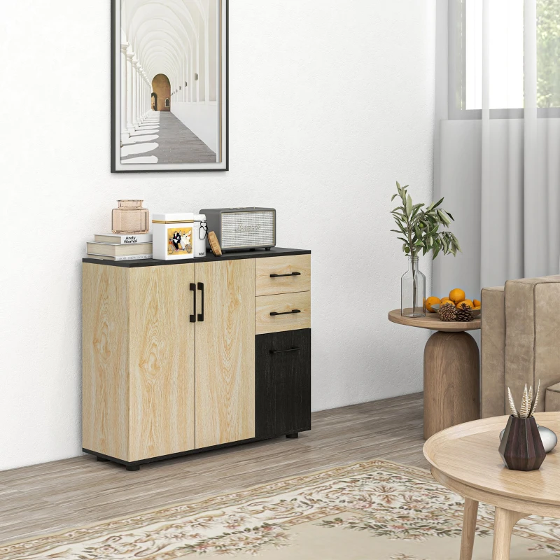 HOMCOM Meuble buffet de rangement cuisine 2 placards étagère réglable 2 tiroirs 90 x 30 x 75,5 cm naturel noir