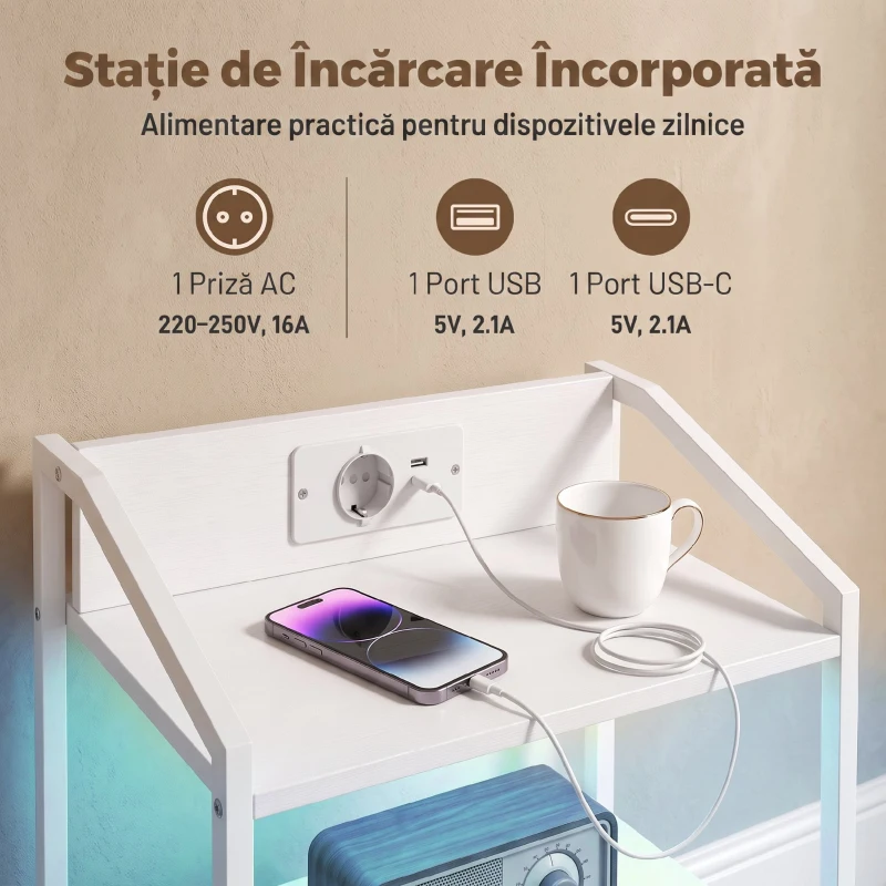 HOMCOM Set de 2 Noptiere Con Lumini Led E Stație de Încărcare, Alb