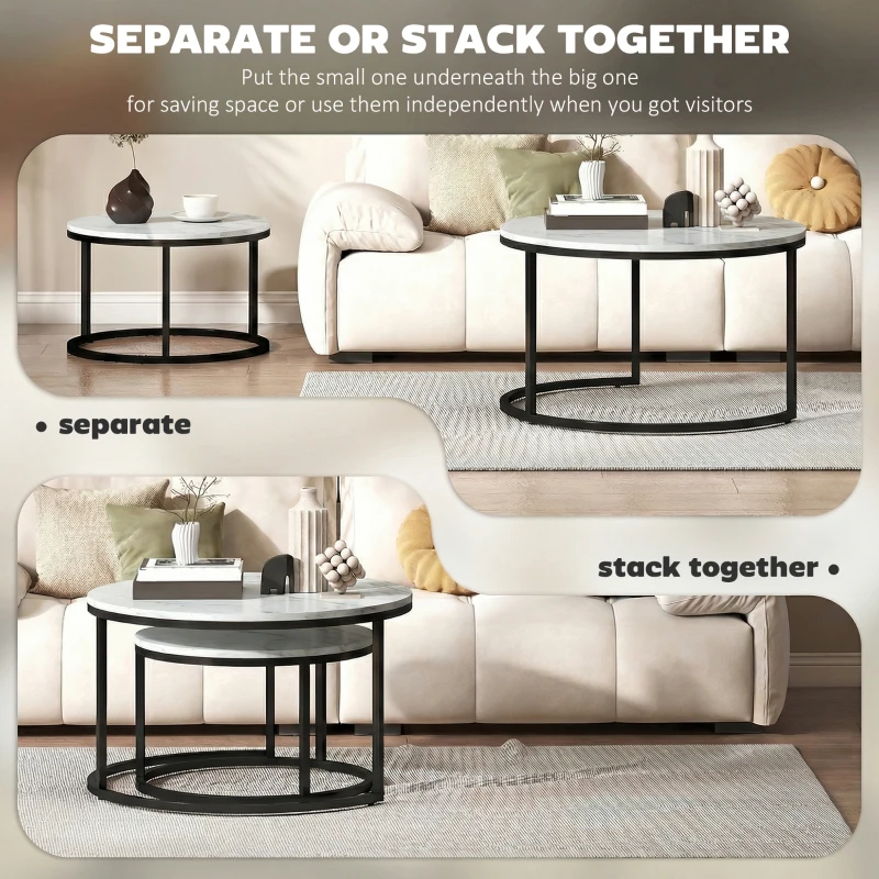 HOMCOM Set of Two Marble-Effect Stacking Tables - White