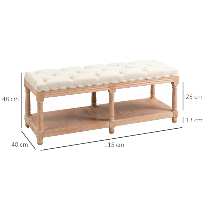 HOMCOM 2-Tier Bed End Bench, Vintage Stool, Wooden Window Seat with Storage Shelf, Button Tufted Upholstered Footstool for Living Room, Bedroom, Entryway, Cream White