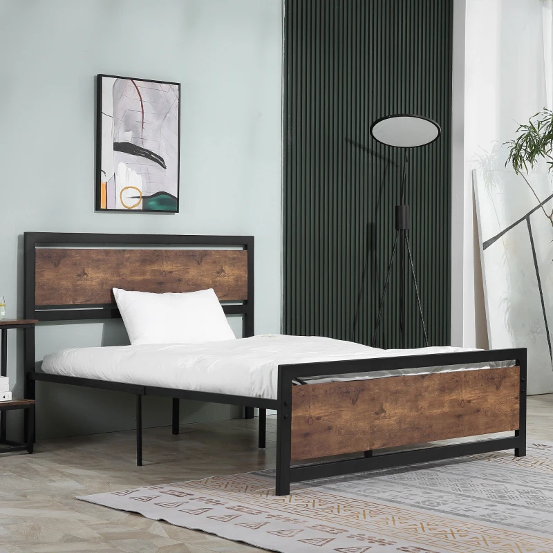 HOMCOM Estrutura de cama de casal em aço com estrado e cabeceira compatível com colchão 190 x 140 cm aspecto madeira escura