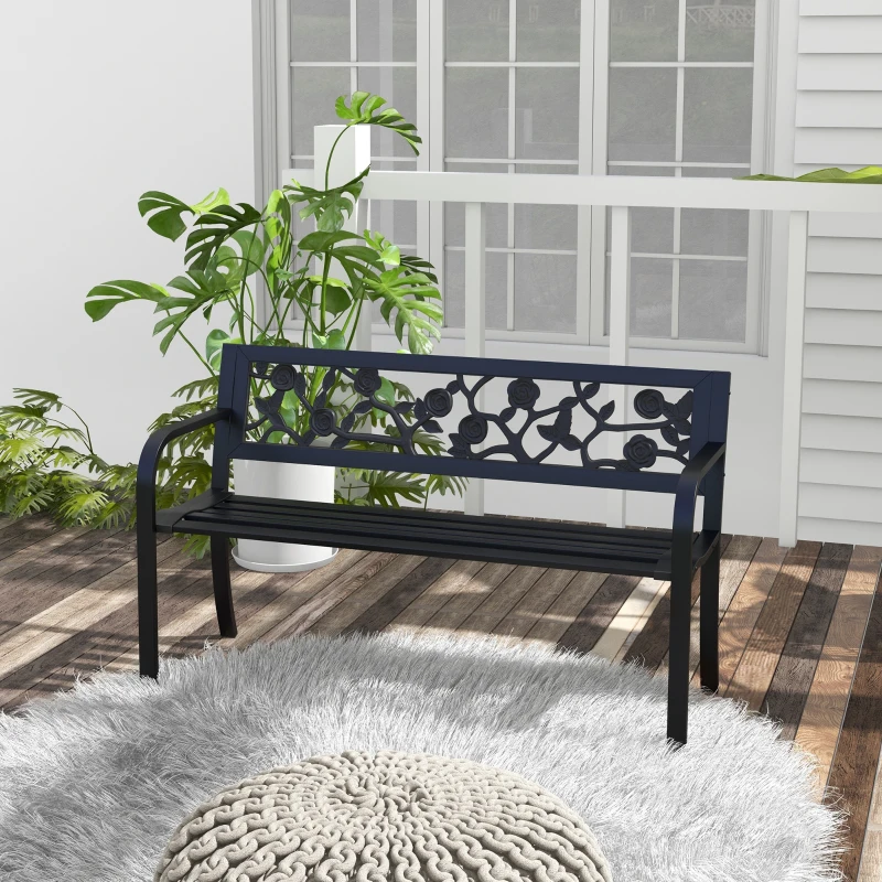 Outsunny Panchina da Giardino 2 Posti in Acciaio con Schienale Decorato e Braccioli, 127x50x75cm, Nero