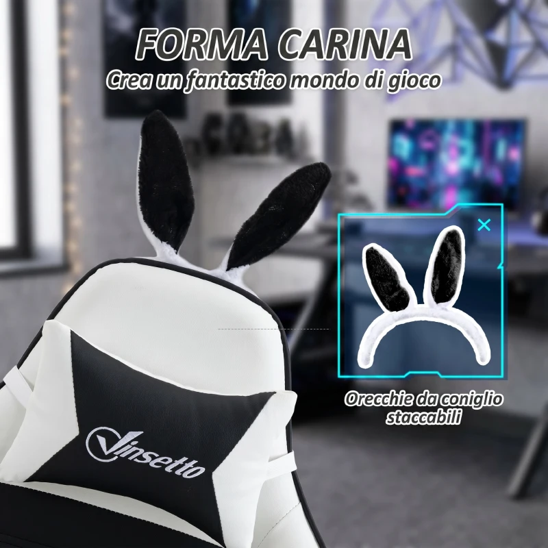 Vinsetto Sedia Gaming con Orecchie da Coniglio, Poggiapiedi, Cuscini, Reclinabile e Altezza Regolabile, Nero