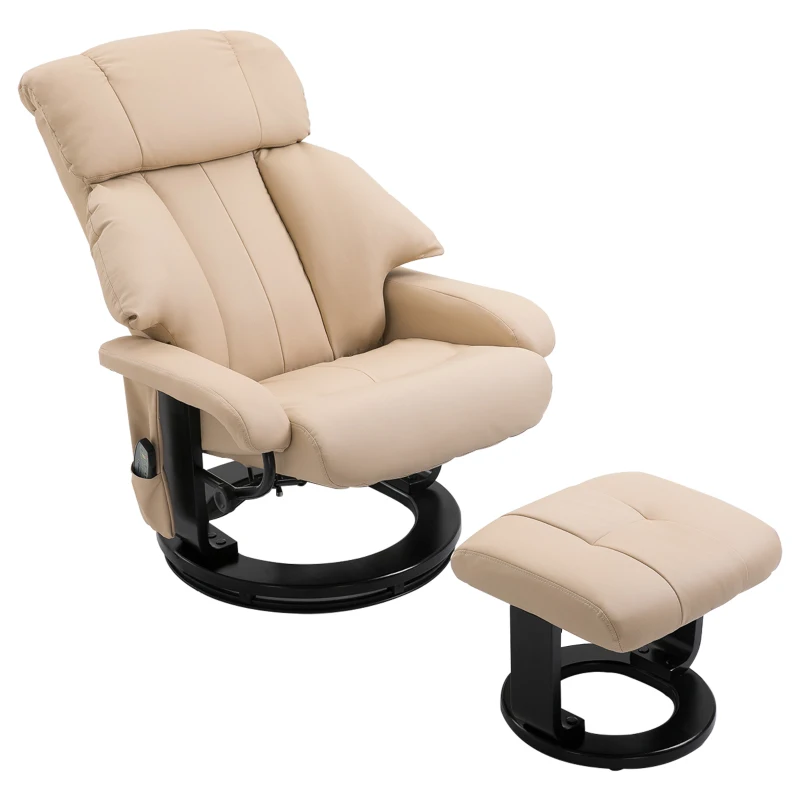 HOMCOM Poltrona Relax com Pufe Poltrona Giratória para TV com Função de Massagem Reclinável Cadeira de Massagem com Controle Remoto Bolso Lateral Poltrona de Descanso em Couro Sintético para Sala de Estar Creme Branco