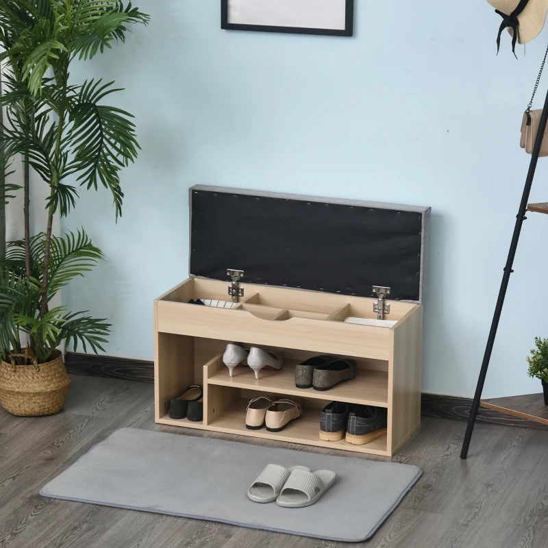 HOMCOM Móvel para Sapatos Banco para Sapatos 2 Níveis Armazenamento, Nicho + Baú Integrado com Almofada Bege Cinza