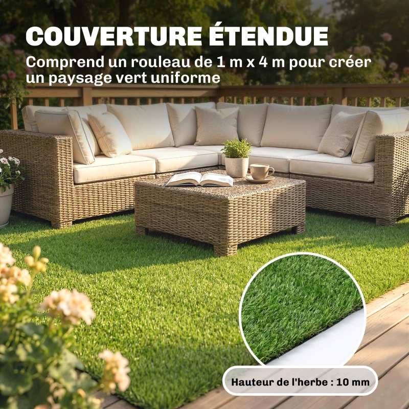 Outsunny Gazon Synthétique Dalle Gazon, Pelouse Artificielle 25mm Haute Densité Auto-drainant pour Balcon Jardin, 1 x 4 m, Vert