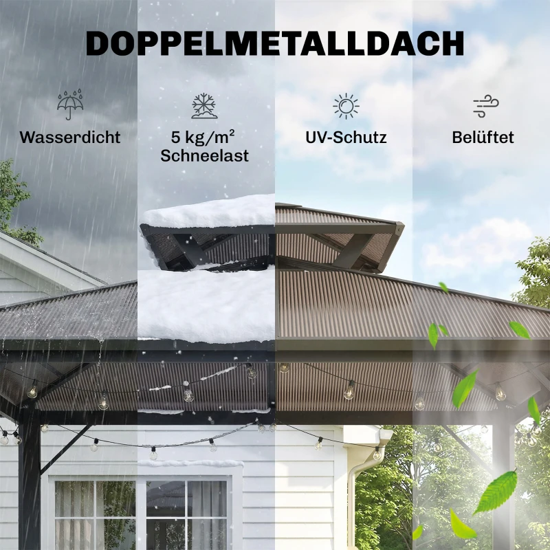 Outsunny Grillpavillon 2,5 x 1,5 m, Wasserdicht Grillüberdachung mit Doppeldach aus Polycarbonat Seitenablage Braun