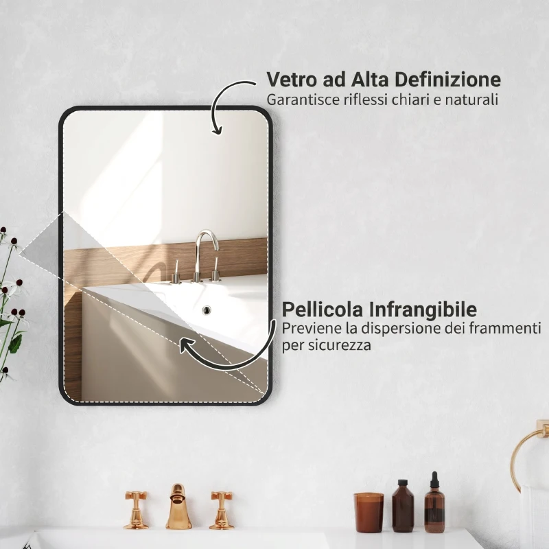 HOMCOM Specchio Bagno con Cornice in Metallo e Gancio, 50x2.5x70 cm, Nero