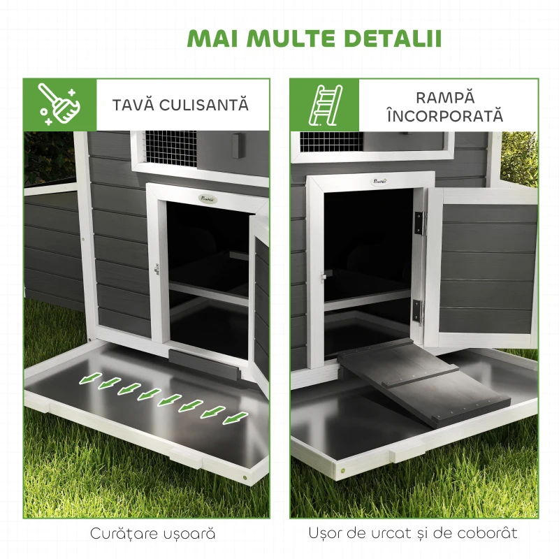 PawHut Coteț de exterior din lemn cu 2 cuiburi, tavă detașabilă și acoperiș din asfalt, gri