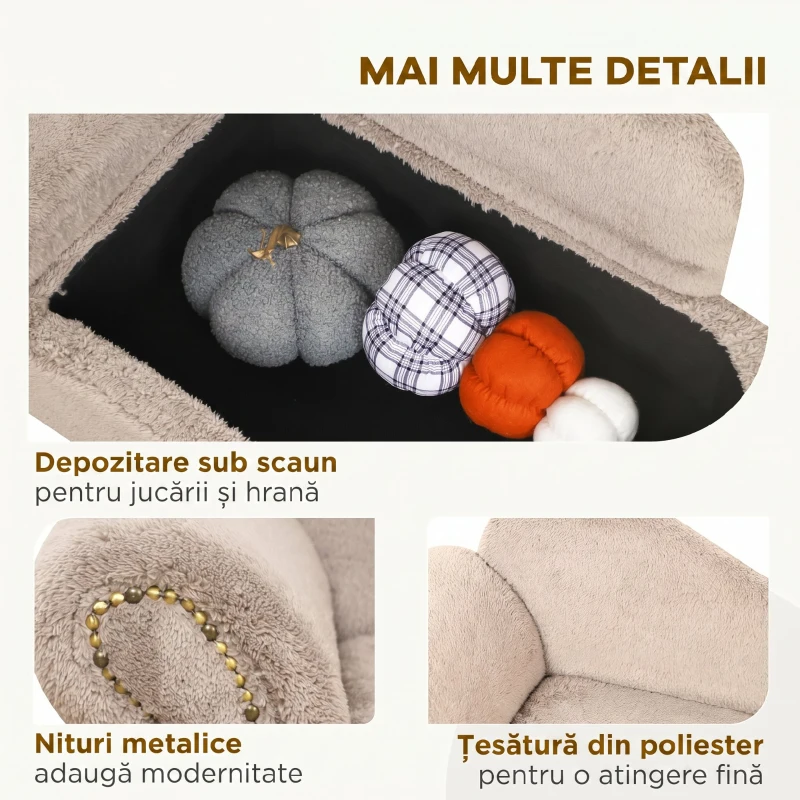 PawHut Canapea Ridicată pentru Câini cu Spațiu de Depozitare Ascuns, din Lemn și Material Catifelat, 80x40x46 cm, Bej