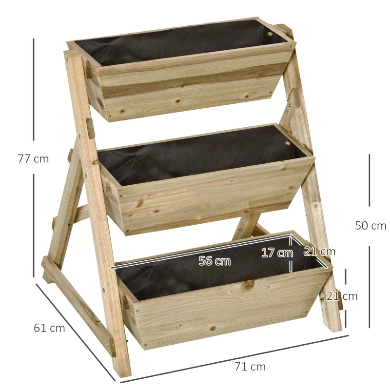 Outsunny Fioriera da Giardino a 3 Livelli con Feltro Drenante Geotessile, in Legno di Abete, 71x61x77 cm