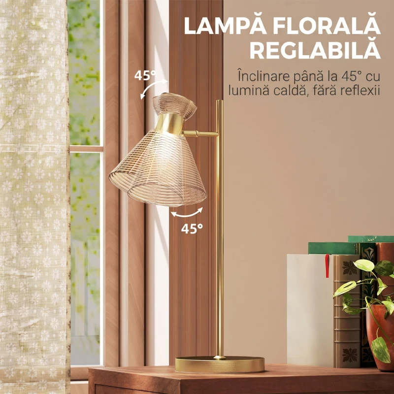 HOMCOM Lampă de masă modernă cu abajur din sticlă reglabil, ambrat și satinat, soclu E27, auriu