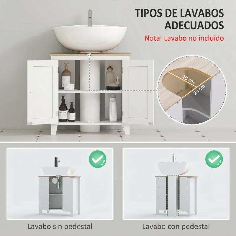 kleankin Mueble para Debajo del Lavabo Armario Bajo con 2 Puertas y Estante Ajustable Estilo Moderno 60x30x60 cm Blanco