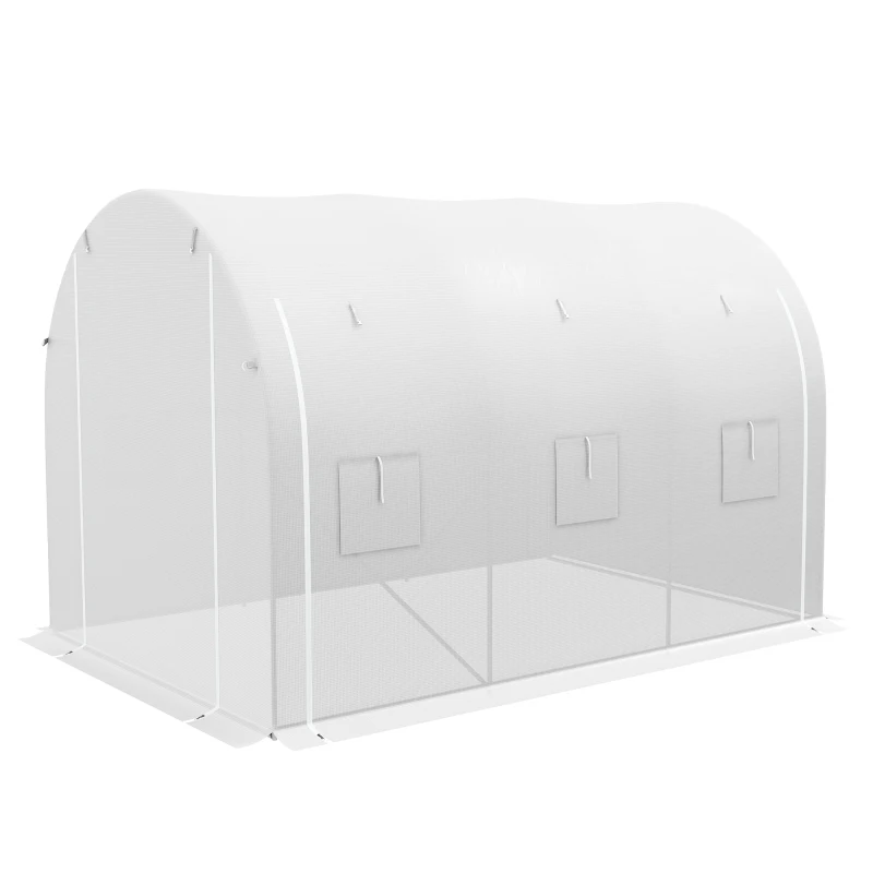 Outsunny Serre de jardin 6 m² dim. 3 x 2 m avec 1 porte + 2 parois latérales zippées enroulables, 6 fenêtres, Blanc