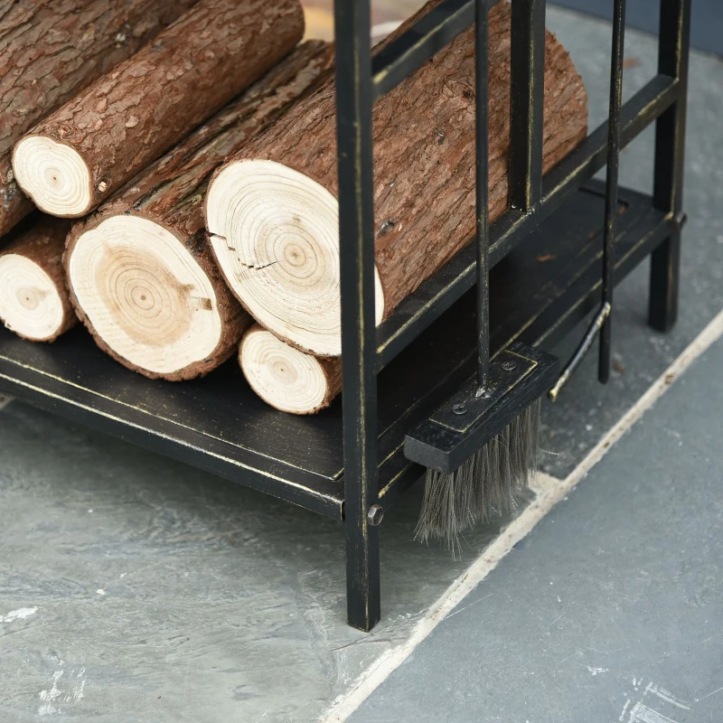 Porte-bûches range bûches étagère à bois de cheminée serviteur de cheminée cerf multi-accessoires 2 étagères dim. 51,5L x 33l x 77H cm métal noir or vieilli