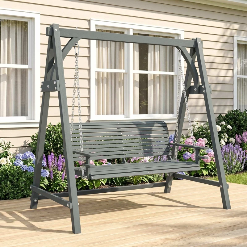 Outsunny 2 Seater Garden Swing Seat, Wooden Swing Chair Bench with Cup Holders for Outdoor Porch Patio, Grey