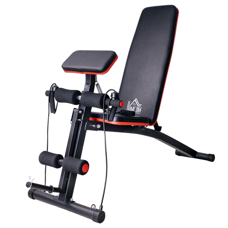 HOMCOM Banco de Musculación Plegable, Banco de Pesas, Respaldo Inclinable 7 Niveles, Extensión de Pierna, Cojín de Predicador, Banda de Resistencia, Carga 300 kg, Entrenamiento Casa Gimnasio, Rojo