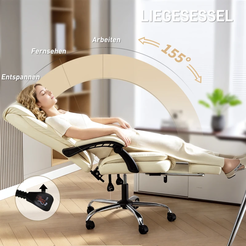 HOMCOM Ergonomischer Bürostuhl mit Fußstütze, Kunstleder-Bezug, rollbar, drehbar, Metall, Beige+Schwarz