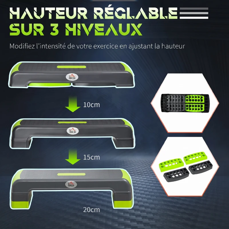 HOMCOM Stepper aérobic fitness hauteur réglable 3 niveaux surface antidérapante 78 x 28 x 20 cm vert et gris
