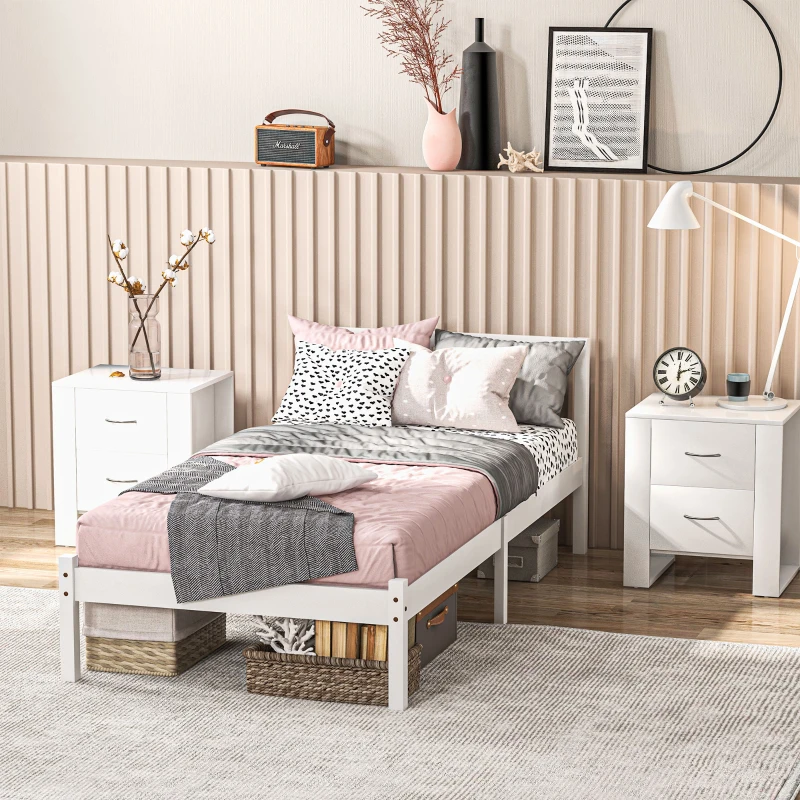 HOMCOM Einzelbettgestell, Kopfteil & Lattenrost, 26cm Freiraum unter Bett, Kiefernholz, 208x96x70 cm, Weiß