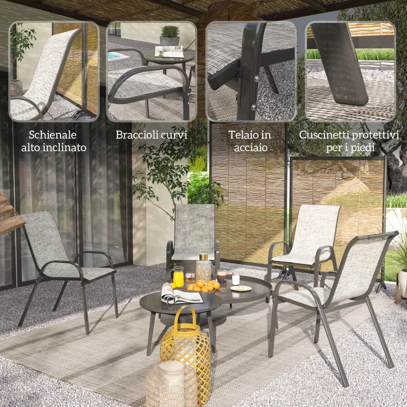 Outsunny Set 4 Sedie da Giardino Impilabili con Braccioli Curvi, in Acciaio e Tessuto Traspirante, 54x71x93 cm, Grigio