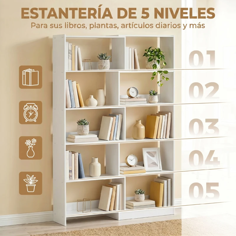 HOMCOM Estantería Expandible 5 Niveles Giratoria 350° Ancho Ajustable Convertible en en L Recta o Compacta 111,5x23,8x163,7 cm