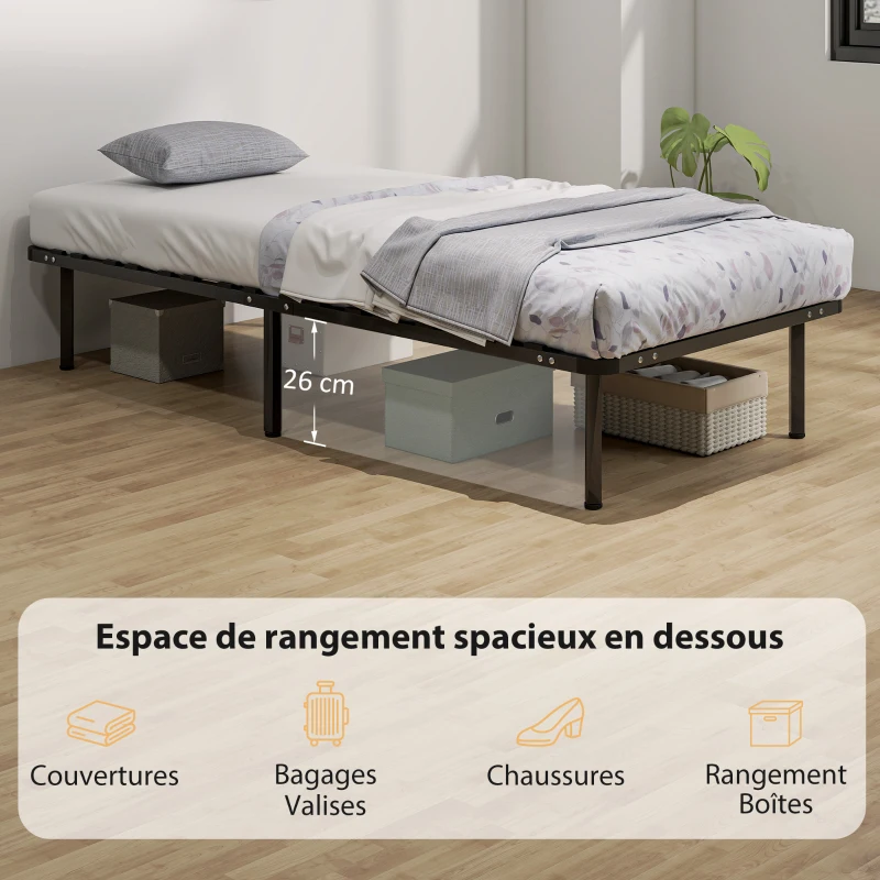 HOMCOM Cadre de lit 90 x 190 cm, lit simple avec sommier à lattes en bois massif et pied, avec rangement au-dessous, noir