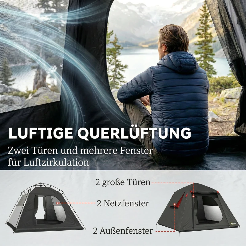 Outsunny Campingzelt 2 Personen 3000mm Wasserdicht & Winddicht Kuppelzelt mit 2 Türen 2 Netzfenstern 2 Seitenfenster Tragetasche