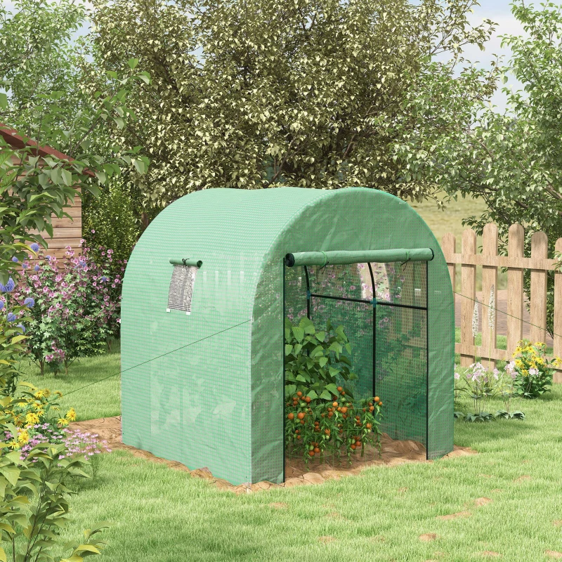 Outsunny Invernadero de Túnel con 2 Puertas Enrollables 2 Ventanas de Malla y Marco de Acero Cubierta PE 135g/m² Anti-UV Verde