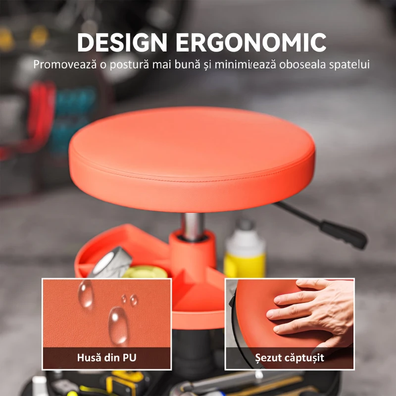 HOMCOM Taburet de Atelier cu Roți Ø6 cm, Capacitate până la 135 kg, Înălțime Reglabilă 40-51 cm, cu Tăvi pentru Unelte, Portocaliu