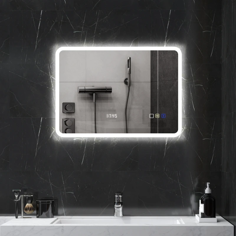 HOMCOM Espejo de Baño con Luz LED 70x50 cm con Bluetooth 3 Colores de Luz Reloj Digital Función Antivaho Función de Memoria
