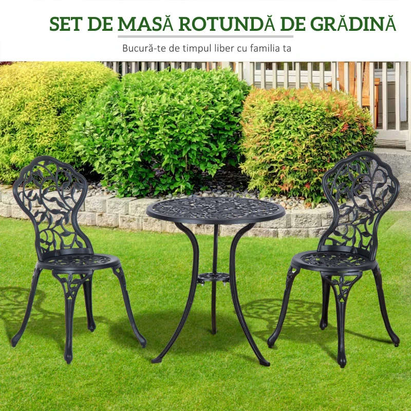 Outsunny Set de Grădină 3 Piese cu 2 Scaune de Exterior și Masă Rotundă din Aluminiu, Negru