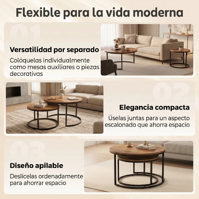 HOMCOM Set de 2 Mesas de Centro Redondas Mesas Nido Industriales con Estructura Metálica para Salón o Dormitorio Marrón