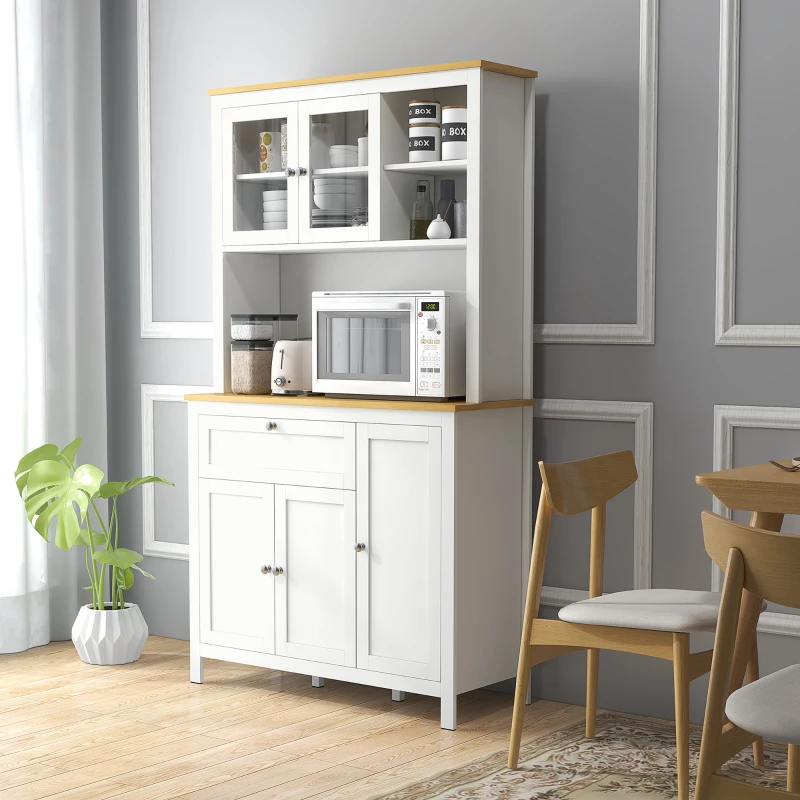 HOMCOM Küchenschrank im Landhausstil, 1 Vitrine, 1 offenes Regal, 1 Schublade, 2 Schränke, Natur + Weiß