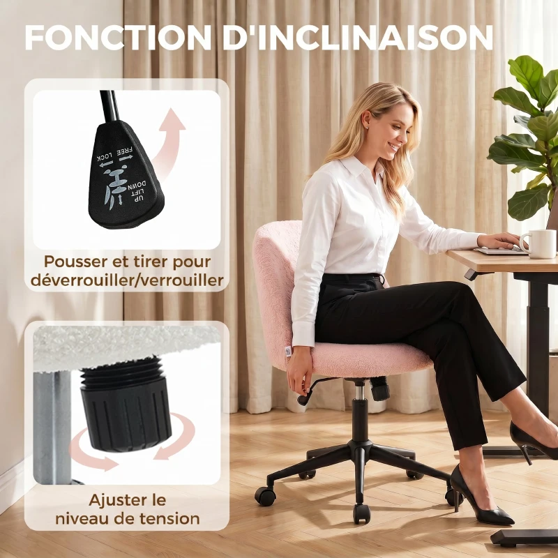 HOMCOM Chaise de Bureau Pivotante en Fourrure Teddy, Hauteur Réglable, Roulettes, Mousse Haute Résilience, Rose