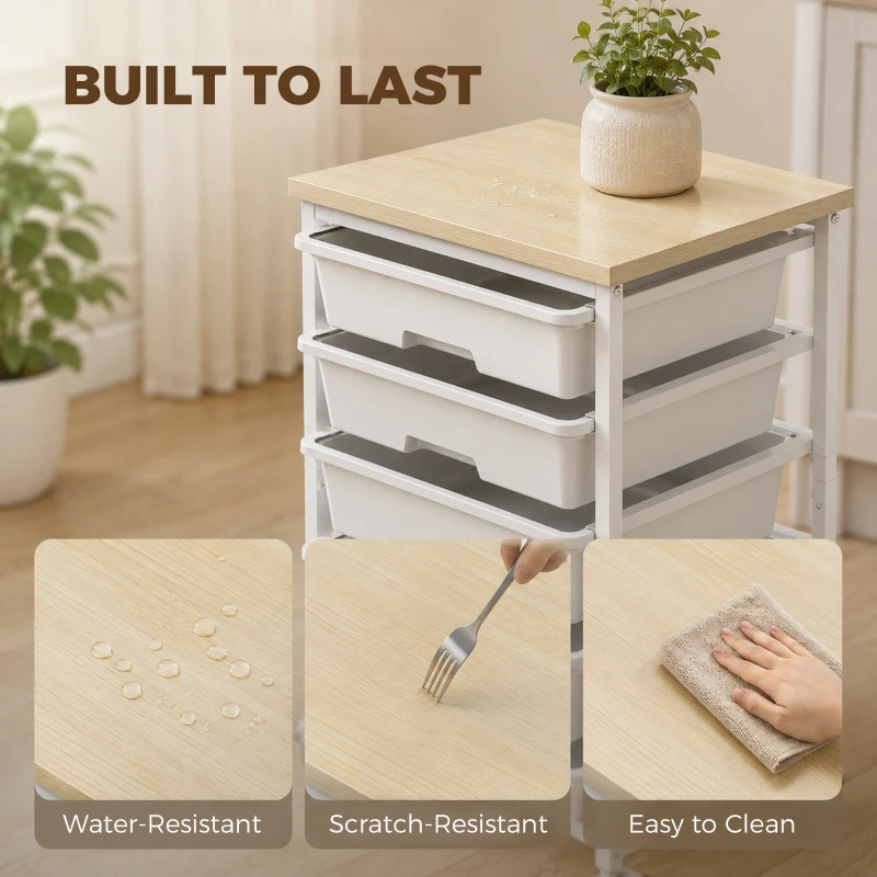 HOMCOM 6-Tier Storage Trolley on Wheels, Metal Kitchen Rolling Cart with 5 Pull-Out Drawers, White