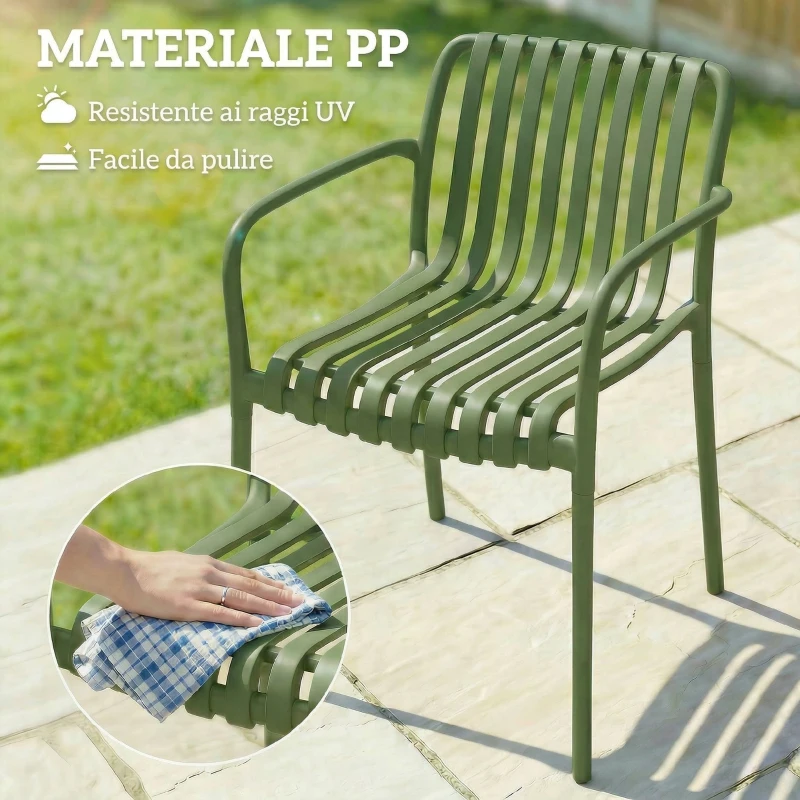 Outsunny Set di 4 Sedie da Patio Impilabili, Sedie da Pranzo da Esterno con Schienale Curvo, Seduta a Doghe e Braccioli