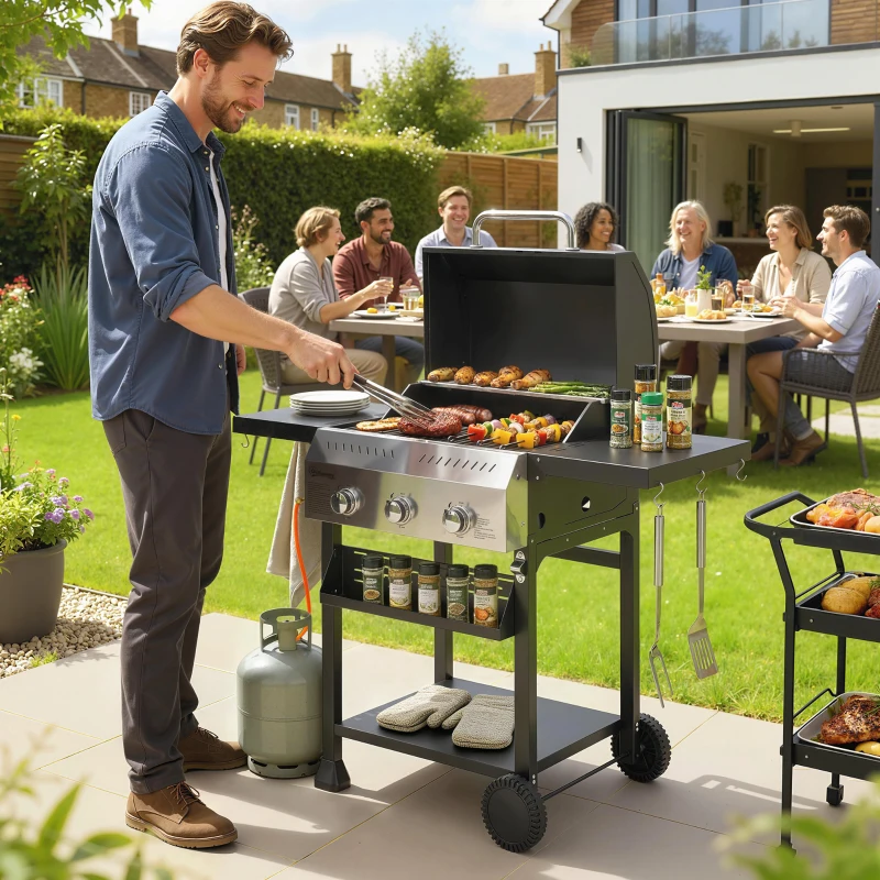 Outsunny Barbacoa de Gas con 3 Quemadores Termómetro Parrilla Mesas Laterales Plegables Estante y Ruedas 123x57x102 cm Negro