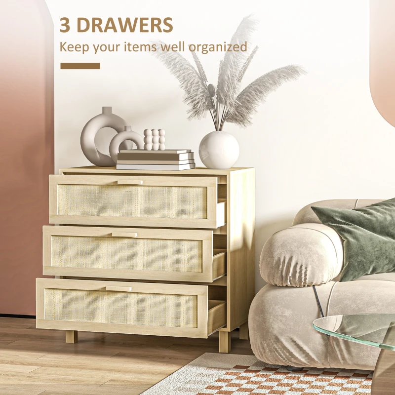 HOMCOM Chest of Drawer and Nightstands, Boho Rattan Furniture Set, Nature Wood Finish