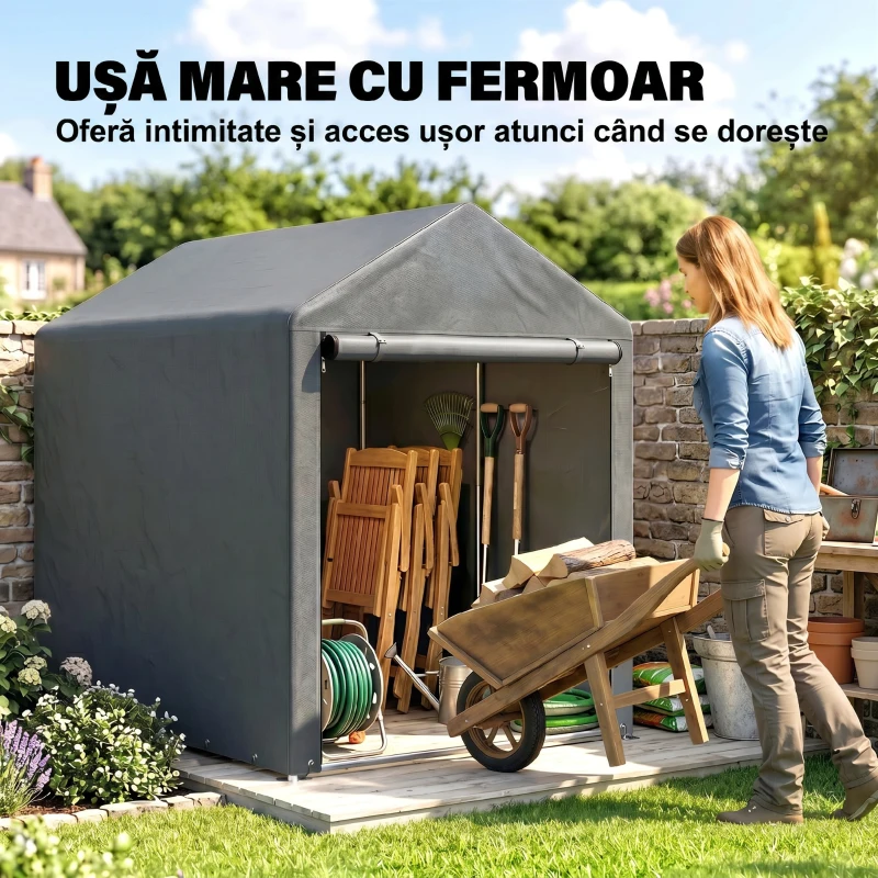 Outsunny Șopron pentru unelte anti-UV cu intrare cu fermoar, din oțel galvanizat și material PE, 120x179x165 cm, gri închis(m-6)