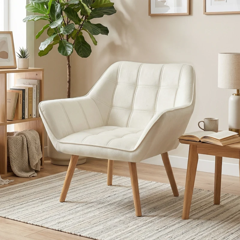 HOMCOM Butaca de Salón Moderna Tapizado en Terciopelo con Patas de Madera Sillón Relax para Sala de Estar Crema