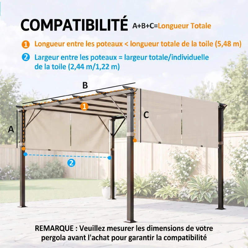 Outsunny Lot de 2 toiles de rechange pergola rétractable 4,9 x 1,2 m pour pergola de 3 x 3 m polyester protection UV kaki clair
