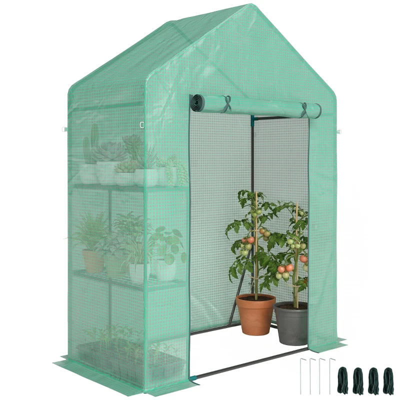 Outsunny Seră de Grădină, Ușă Rulantă, Rafturi 2 Etaje, Structură Oțel, Acoperire PE, 143x73x195 cm, Verde