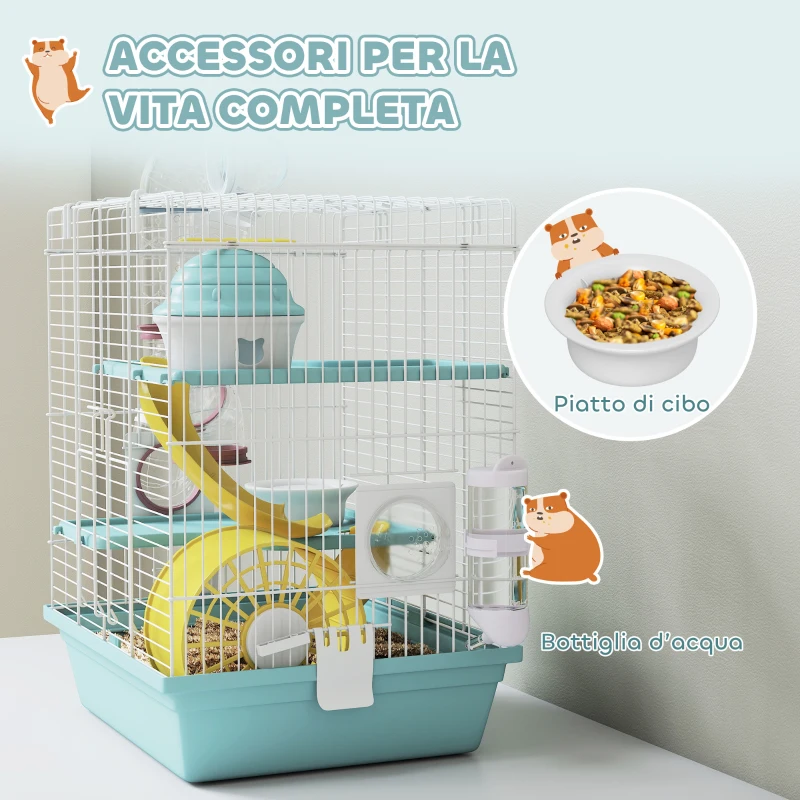 PawHut Gabbia per Criceti a 3 Livelli e 12 Tubi con Casetta, Rampa, e Accessori, in Metallo e Plastica, 34.5x27.5x41 cm, Grigio