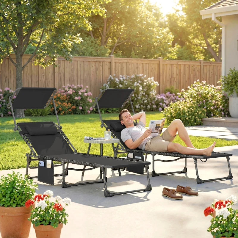 Outsunny Set de 2 Tumbonas Plegables con Reposacabezas Parasol Bolsillo Lateral y Respaldo Reclinable en 5 Posiciones Negro