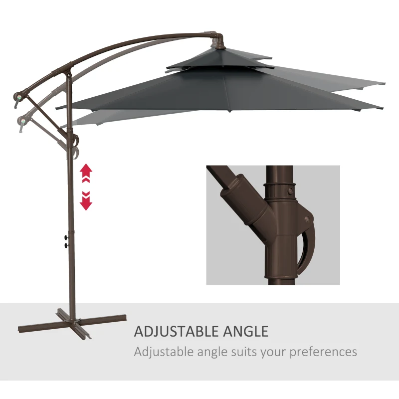 Outsunny 2.7m Garden Banana Parasol Cantilever Umbrella with Crank Handle, Double Tier Canopy and Cross Base for Outdoor, Hanging Sun Shade, Black(m-16)