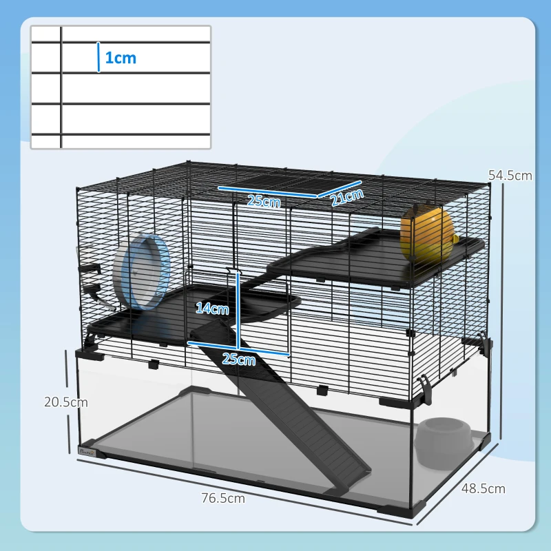 PawHut Cușcă pentru Hamsteri cu 3 Niveluri cu Bază din Sticlă Temperată, Roată și Accesorii, 76,5x48,5x54,5 cm, Negru