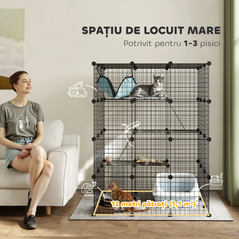 PawHut Cușcă Modulară pentru Pisici cu 4 Niveluri, cu Platforme, Rampe și 5 Uși, din Oțel și PP, 105x105x140 cm, Negru