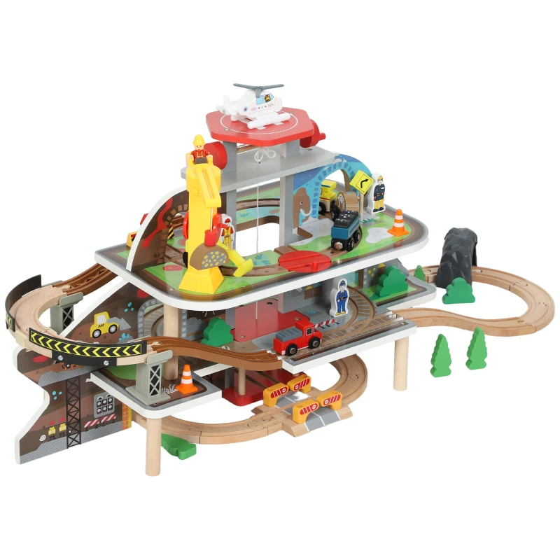 AIYAPLAY Conjunto de Ferrovia em Madeira, 79 Peças, 4 Níveis, Elevador, Guindaste, Expansível, Colorido